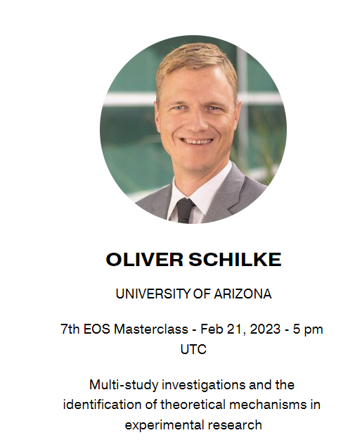 Do you like experimental research on organizations? We are delighted to announce that the 7th Experiments in Organization Science Masterclass will be given by Oliver Schilke on 21 Feb at 5 PM UTC, topic: multi-study investigations!

Register here: shorturl.at/jpu47