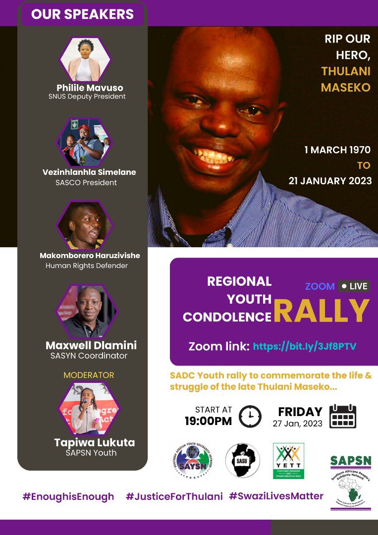 Join us this Friday for our Regional Youth Solidarity Condolence rally #RIPThulaniMaseko
