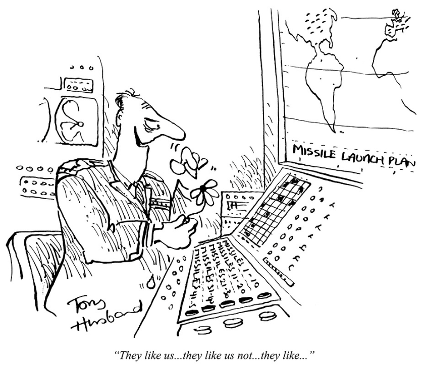 PunchCartoons's tweet photo. "They like us...they like us not...they like..."

Order your prints: https://t.co/7uwMZqqq1E

#punchmagazine #punchcartoons #illustration #drawing #art #cartoonart #publishing #britishhumour #1980s #fleetstreet #TonyHusband #missiles #weapons #launch #bomb #controlcentre https://t.co/4DS1fBTXd5