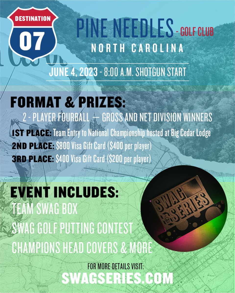 AGTrips_Series's tweet photo. Lucky number 7 

Come out with @swaggolfco and AGT when the Swag Series visits @PineNeedlesGolf June 4th. 

📣 Tournament details for this event can be found at https://t.co/2NOcFJRGKR

#swagseries #swaggolf #amgolftrips #golf #golftournament #puttingcontest #dontgiveaputt https://t.co/hcJoeUtae8