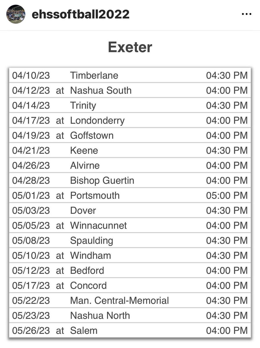My Exeter High School schedule!!!! ⁦<a href="/coach_toric/">Tori Constantin</a>⁩ ⁦<a href="/Danihenderson44/">Danielle Henderson OLY</a>⁩ ⁦<a href="/babsonsoftball/">Babson Softball</a>⁩