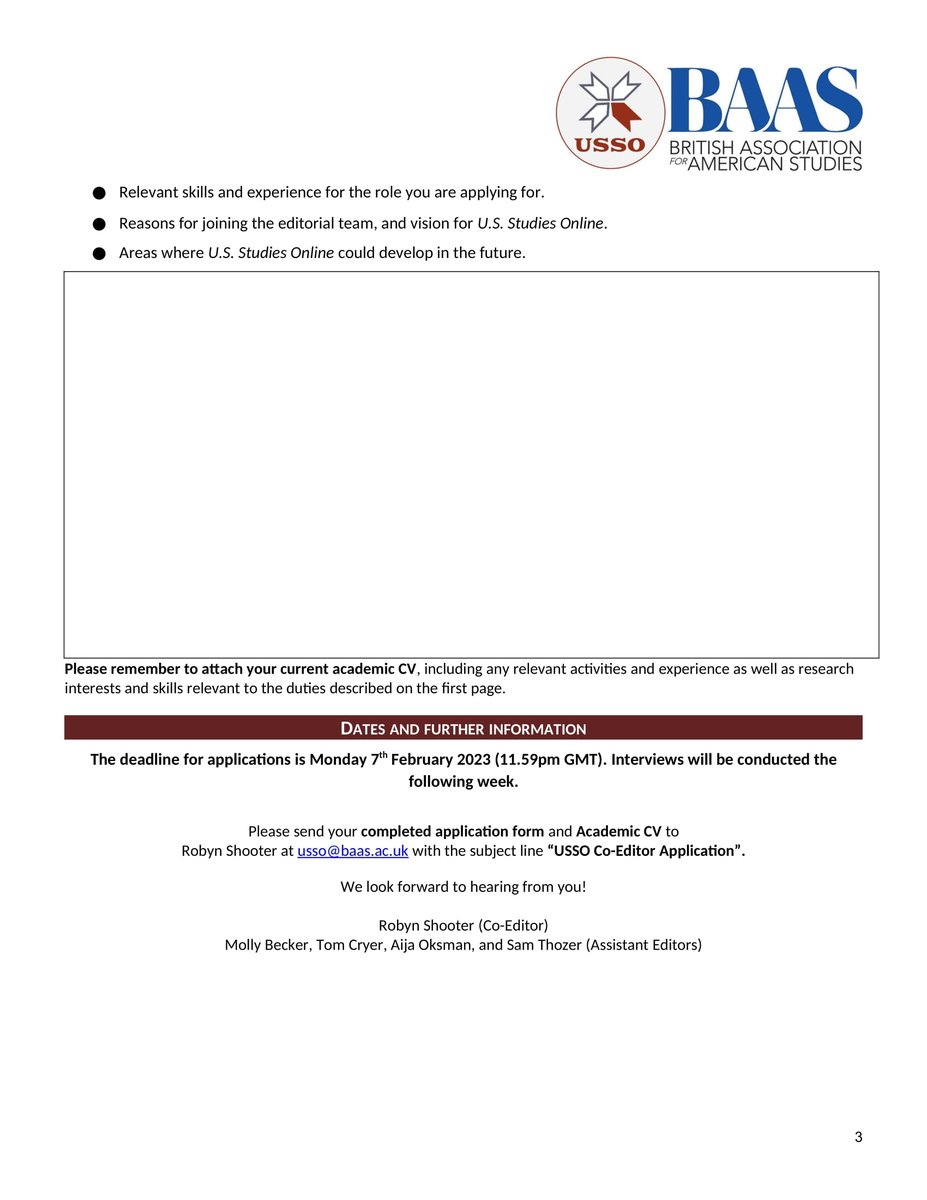 For this #WriteAmStudies, why not submit an application to join our USSO team! 

We are looking to appoint a new Co-Editor to work alongside current Co-Editor and the rest of the editorial team. The deadline for applications is 7 February. We can't wait to hear from you!