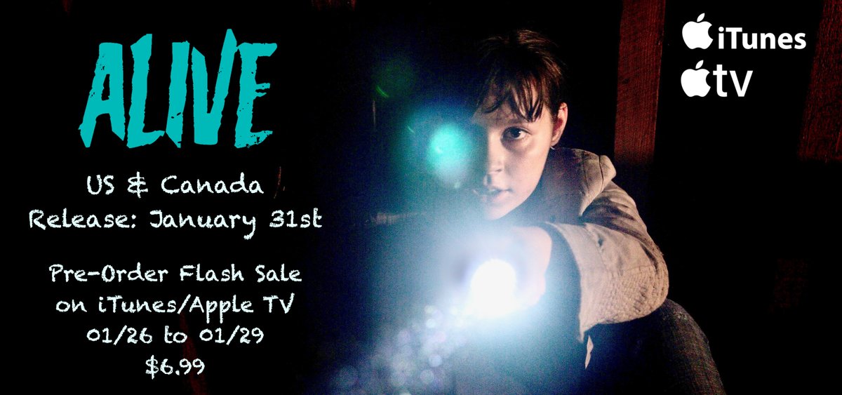 Alive_Feature's tweet photo. Spread the news!
Alive will be available on VoD platforms on January 31st, in the US and Canada.
And from Thursday, January 26th to Sunday, January 29th at the reduced price of $6.99 on iTunes and Apple TV!

Get it here:
https://t.co/3EBOQlE40D

@GravitasVOD #AliveFeatureFilm https://t.co/FwyoBfgCdz
