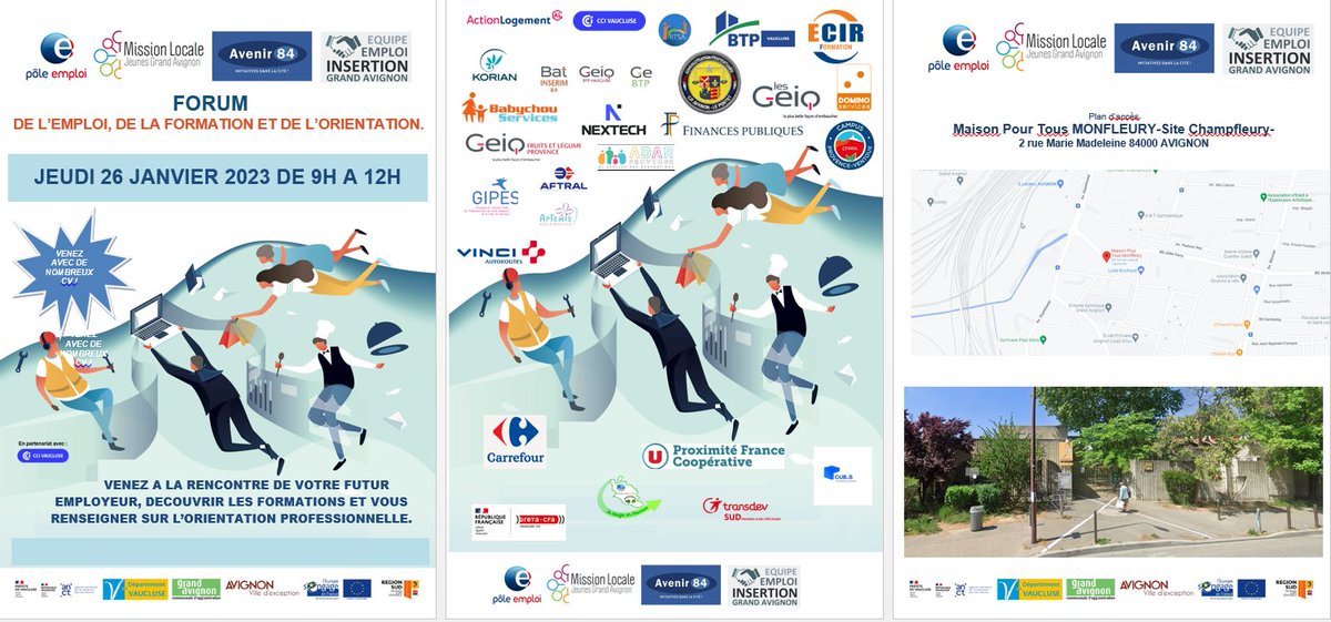 C'est reparti ! 
@poleemploi #Avignon <a href="/mlgrdavignon/">Mission Locale Jeunes Grand-Avignon</a> et <a href="/Avenir84/">Visan</a>  organisent un forum "
Jeudi 26 janvier 
de 9 h à 12 h
Maison pour tous Monfleury (2 rue Marie Madeleine). 20 employeurs, 10 organismes de formation et des ateliers basés sur le potentiel professionnel. #QPV