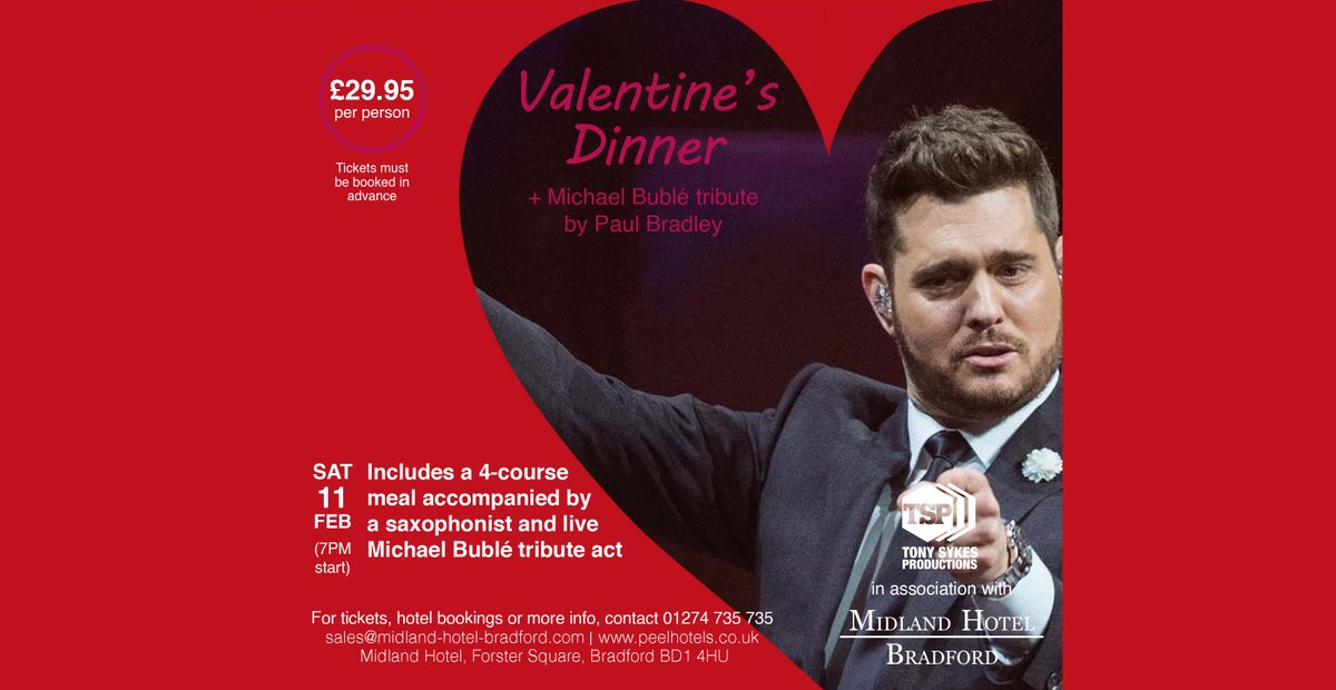 The Midland Hotel Bradford (@hotelmidland) on Twitter photo Spend a romantic evening with your loved one at The Midland Hotel.
Includes a 4-course meal accompanied by a live saxophonist followed by a fantastic Michael Bublé tribute act. And all for just £29.95pp.
To book tickets call 01274 735735 or email events@midland-hotel-bradford.com Spend a romantic evening with your loved one at The Midland Hotel.
Includes a 4-course meal accompanied by a live saxophonist followed by a fantastic Michael Bublé tribute act. And all for just £29.95pp.
To book tickets call 01274 735735 or email events@midland-hotel-bradford.com