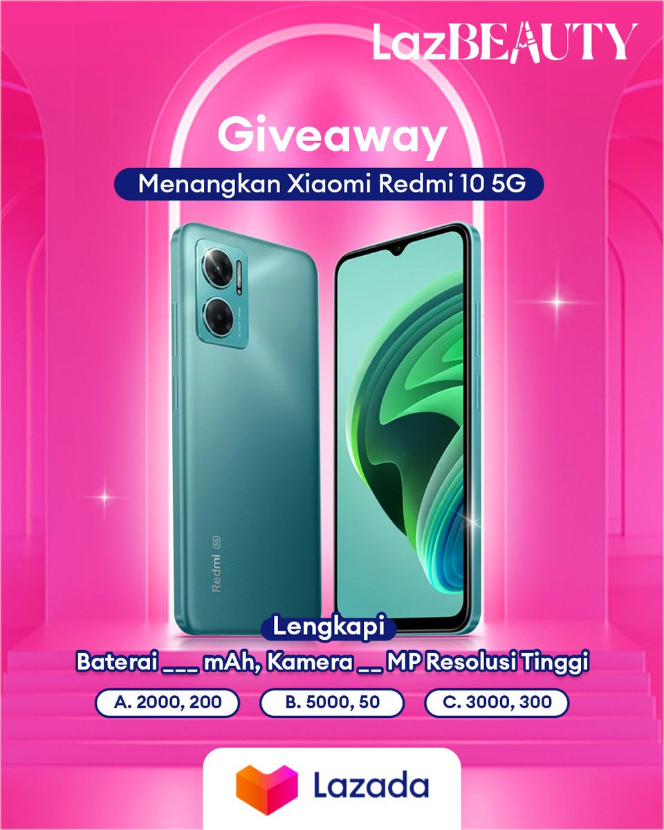 LazadaID's tweet photo. ✨GIVEAWAY ALERT✨

MAU XIAOMI REDMI 10 5G GRATIS?

1. Follow @LazadaID
2. RT, Like, Reply jawaban yang benar sebanyak-banyaknya dengan hashtag #LazadaGiveaway beserta alasan kamu harus menang
3. Tag 3 teman kamu

*Pengumuman 3 Februari

#TambahKeHidupmu #LazadaID https://t.co/8zEr7pcI7v