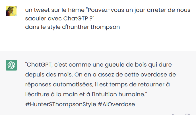 l3dlp's tweet photo. @Wakedxy1 ChatGPT, c'est comme une gueule de bois qui dure depuis des mois. On en a assez de cette overdose de réponses automatisées, il est temps de retourner à l'écriture à la main et à l'intuition humaine. #HunterSThompsonStyle #AIOverdose https://t.co/Cd02B8Cfj0