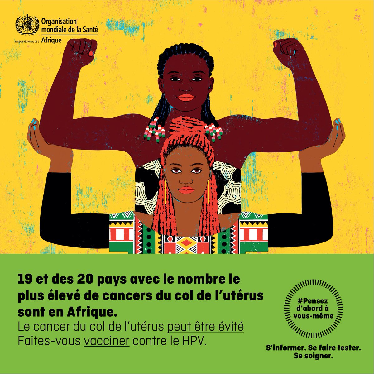 OMS_Afrique's tweet photo. C'est toujours le mois de la sensibilisation au cancer du col de l'utérus !
Ce cancer peut être évité.
👧🏿Les filles de 9-13 ans doivent recevoir le vaccin contre le VPH.
👩🏾Pour les femmes, le dépistage du VPH peut être utilisé pour une détection précoce.
➡️https://t.co/b3Yju9aiuW https://t.co/wnaexPoa4t