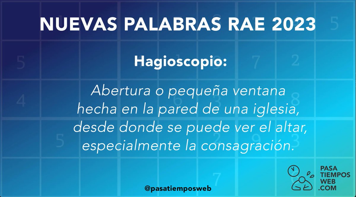 pasatiemposweb's tweet photo. Una de las palabras añadidas este año 2023 en el diccionario de la RAE es "hagioscopio", cuyo significado es "Abertura o pequeña ventana hecha en la pared de una iglesia, desde donde se puede ver el altar, especialmente la consagración."

#rae #pasatiemposweb #pasatiempos https://t.co/Klsc843GFr