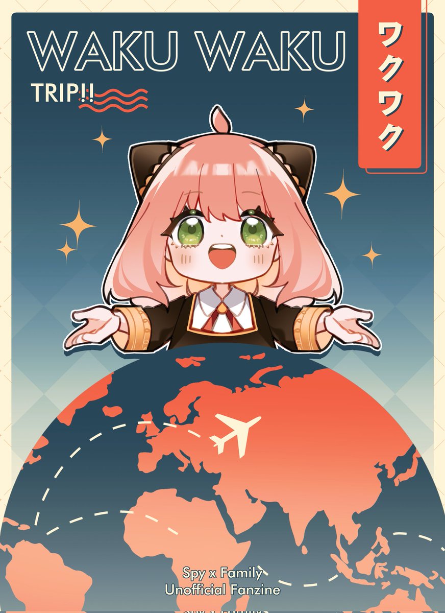 ✈️ COVER REVEAL ✈️

Finally the cover reveal of our Spy x Family Unofficial Fanzine, Waku Waku Trip!! 🥳

Ilustrated by our talented artist <a href="/marchnotia/">March cmsn</a> ✨ 

Pre-order will start in February!
Stay tune! 😉

#SPY_FAMILY #SPYxFamily