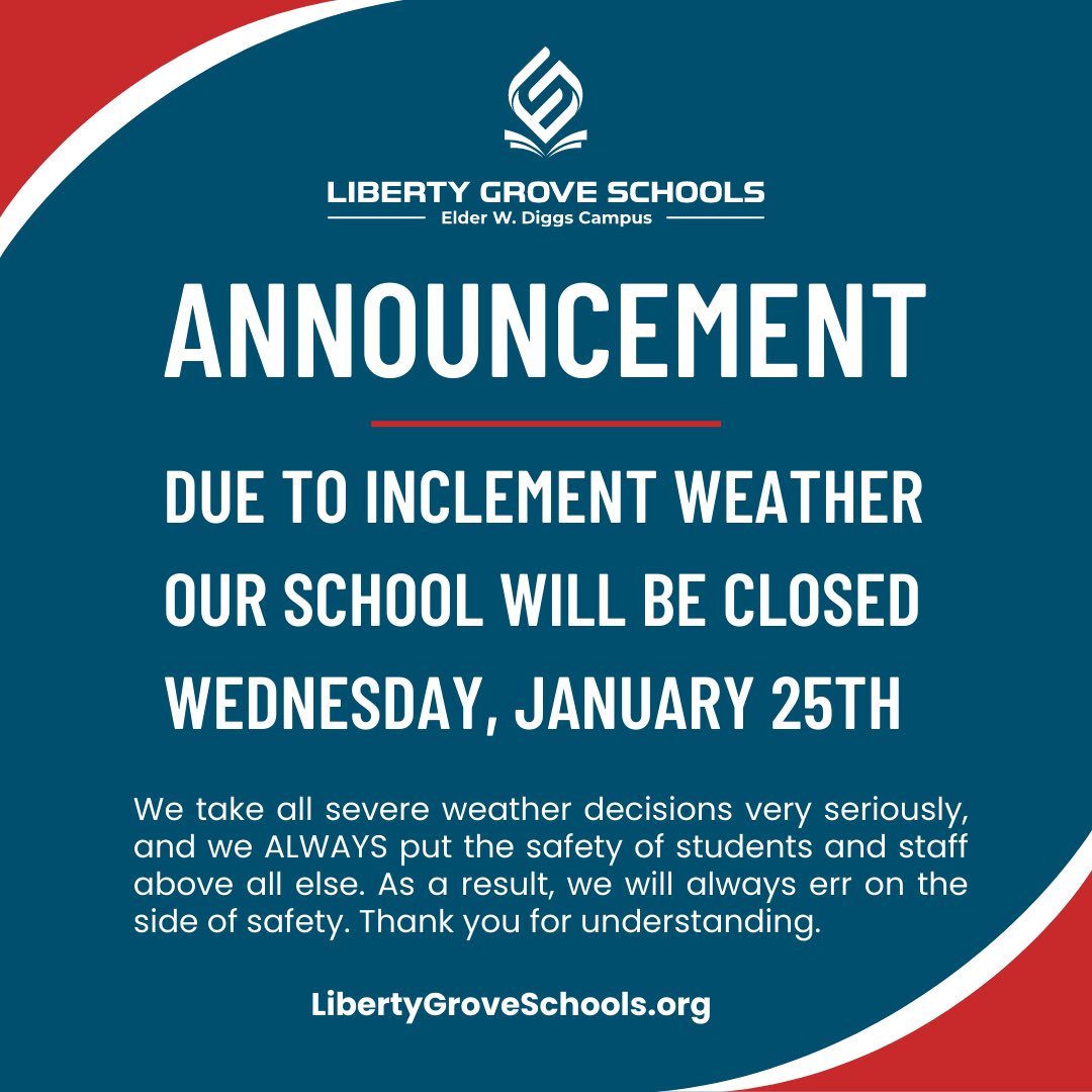 Liberty Grove Schools will be closed today in order to maintain the safety of our students and staff. Any further communication of school closure will be sent via our Messenger system. 
Thank you again for your understanding and please stay warm!