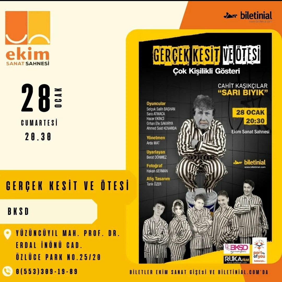 Konuk ekip @bksdoyunculari "Gerçek Kesit ve Ötesi" ile Ekim Sanat Sahnesi'nde..

📅 28 Ocak Cumartesi
⏲ 20:30
🎟 Biletinial.com - Ekim Sanat Gişesi

📌16+ yaş için uygundur.
📌 80 dk.