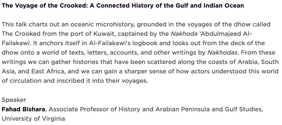 Ahmed Y. AlMaazmi أحمد ي. المازمي (@ahmed_yaqoub) on Twitter photo Talk: "The Voyage of the Crooked: A Connected History of the Gulf and Indian Ocean" by @TheNakhoda <a href="/NYUADInstitute/">The Institute at NYUAD | المعهد</a> February 20, 2023 6:30‐8pm nyuadi.secure.force.com/Events/NYUEven… Talk: "The Voyage of the Crooked: A Connected History of the Gulf and Indian Ocean" by @TheNakhoda <a href="/NYUADInstitute/">The Institute at NYUAD | المعهد</a> February 20, 2023 6:30‐8pm nyuadi.secure.force.com/Events/NYUEven…