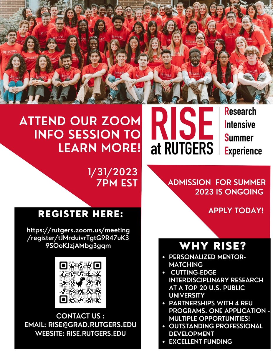 All undergrads looking for a Summer research opportunity: Join us for a virtual info session/app workshop this Tuesday 1/31/23 at 7pm. Register at the link in the flier. Apply today at rise.rutgers.edu