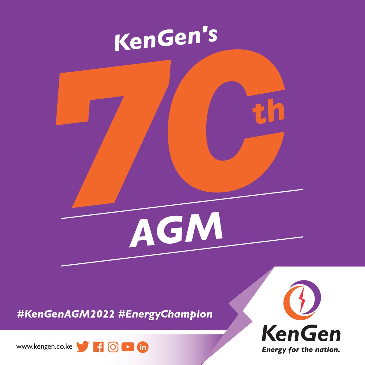 KenGenKenya's tweet photo. KenGen's 70th Annual General Meeting (AGM) will be held on Thursday 26th January 2023. Catch the conversation live on #KenGenAGM2022 #EnergyChampion ^EM https://t.co/m9jTnPfbi8