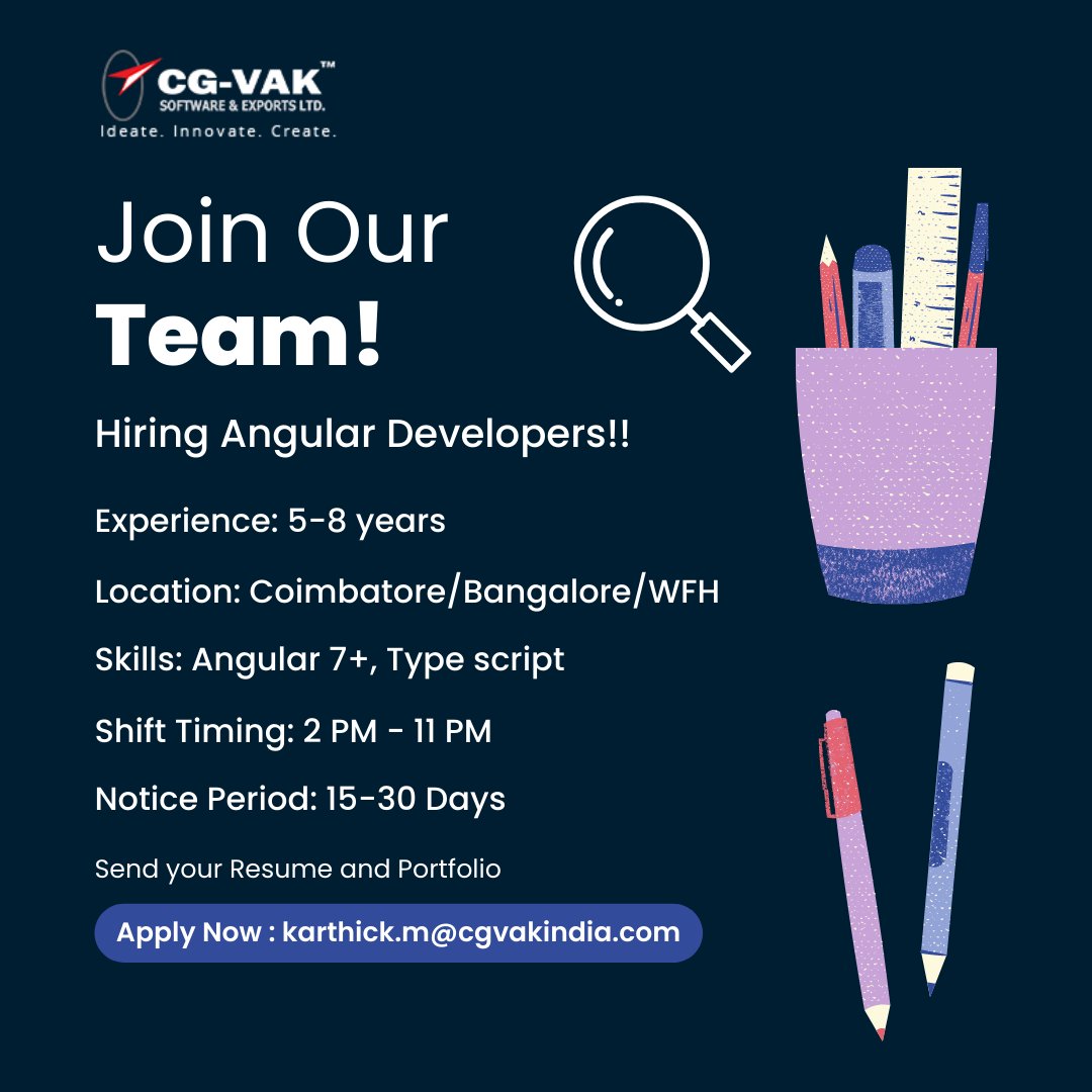 #hiringalerts 
Hiring #Angulardevelopers!
Exp: 5-8 years
Loc: #Coimbatore/ #Bangalore/ #WFH
mailto: karthick.m@cgvakindia.com

#cgvak #jobvacany #hiring #recruitment #job #workfromhomejob #hiringnow #careers #softwaredevelopment #angulardeveloper #angularjobs #angularjs