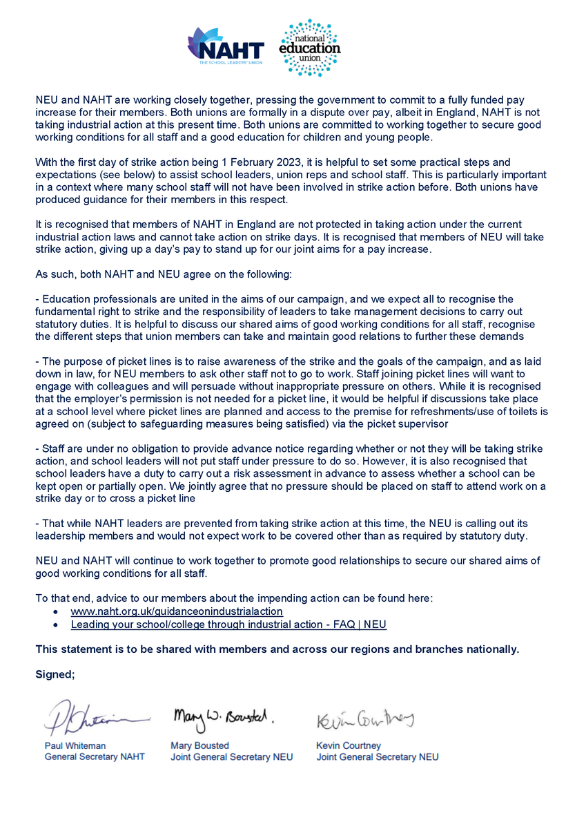 NEUnion's tweet photo. 🚨 @NEUnion and @NAHTnews have issued a joint statement about upcoming strike actions. 🚨

“We jointly agree that no pressure should be placed on staff to attend work on a strike day or to cross a picket line”
 
Read the full statement. 👇 https://t.co/tJO4rbklxp