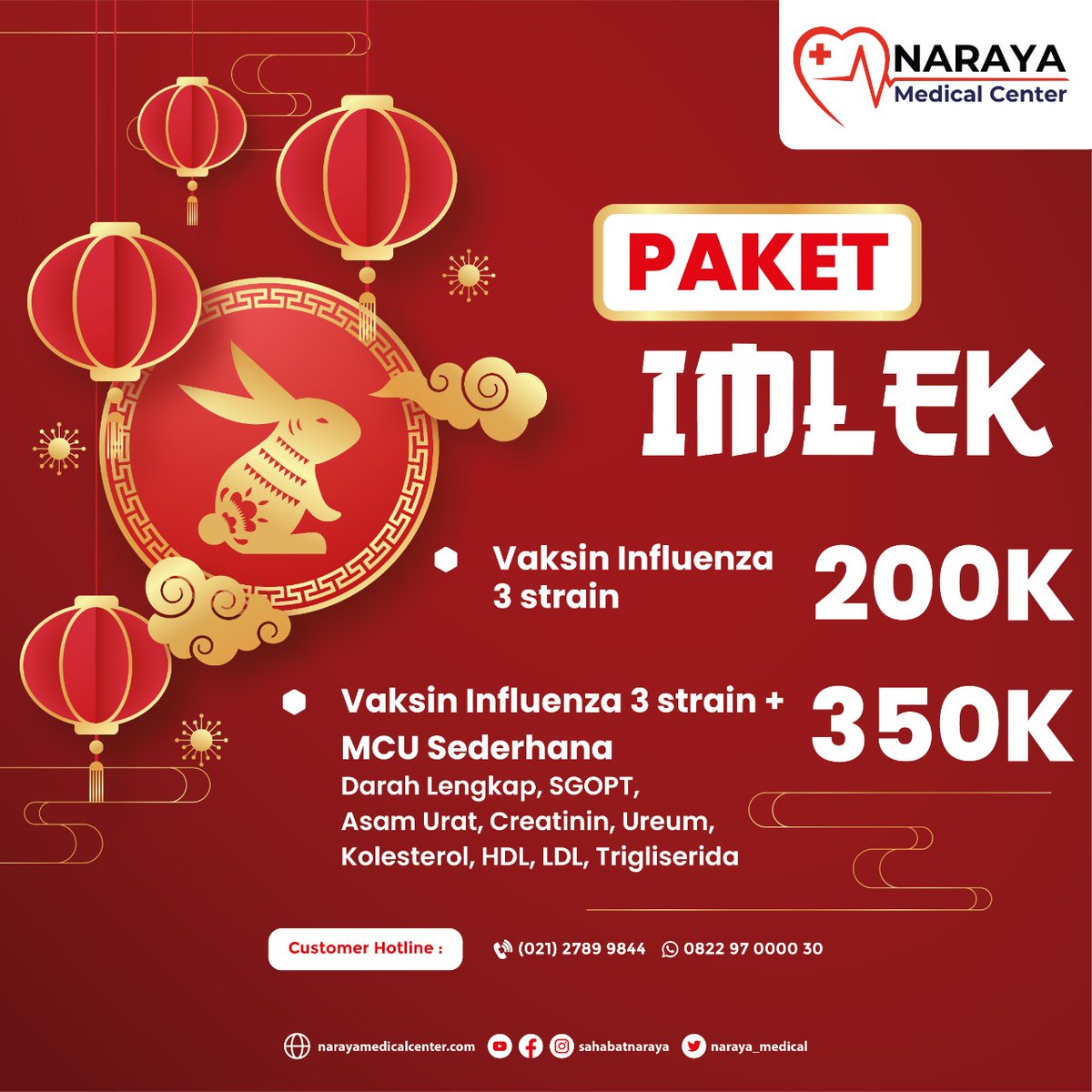 Sahabat, Nikmati Promo Paket Imlek

A. Vaksin Influenza 3 strain, Rp. 200rb.

B. Vaksin Influenza 3 strain + MCU sederhana (Darah Lengkap, SGOPT, Asam Urat, Creatinin, Ureum, Kolesterol, HDL, LDL, Trigliserida) Rp. 350rb.

#imlek
#harirayaimlek 
#mcu
#promo
