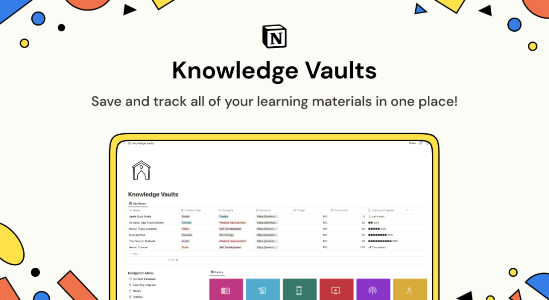 Notion Knowledge Vaults
@NotionHQ

🗒️ - With this Notion Template, Save and track all your learning materials in one place!

👨‍💻 - @indrakusumasp 
🔗 - ow.ly/BOk950MxSnl
⏺ - ow.ly/e4UP50MxSlb

#notiontwt  #notiontemplate #Notion