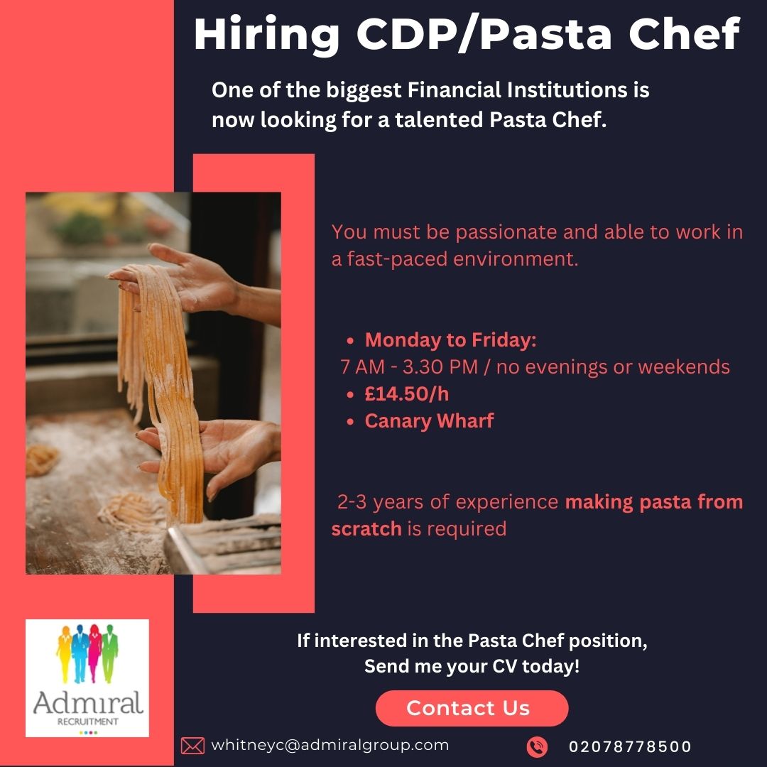 Looking for a Chef de Partie to join a team in one of the biggest Financial institutions in the UK!!

Must be able to make any type of pasta from scratch.

* Monday to Friday
* £14.50/h
* Canary Wharf

Apply here: zcu.io/TYNY

 #chefjobs #hospitalityjobs #pastachef