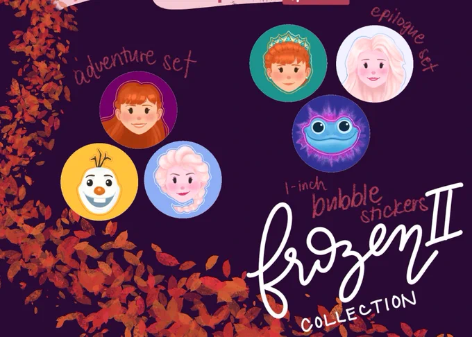 From my Frozen 2 collection, I'll be bringing over leftover 1-inch bubble sticker sets and 1-inch Element pins 
