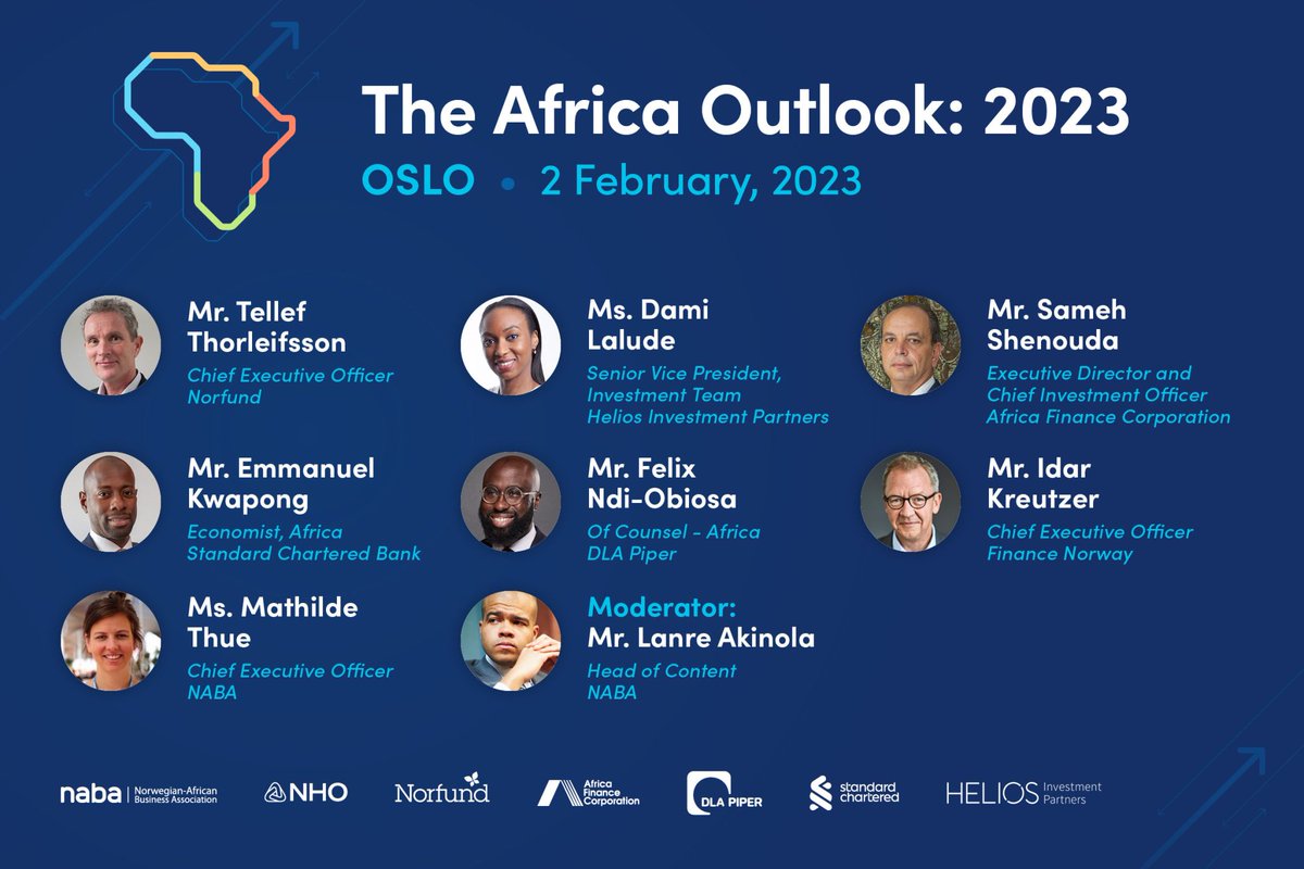 One week to go! Join us in Oslo for the #Africa Outlook 2023 on Thursday February 2nd, including speakers from @norfund, Helios Investment Partners, @africa_finance, @StanChart, @Finnor Sign up now! norwegianafrican.no/events/africao…