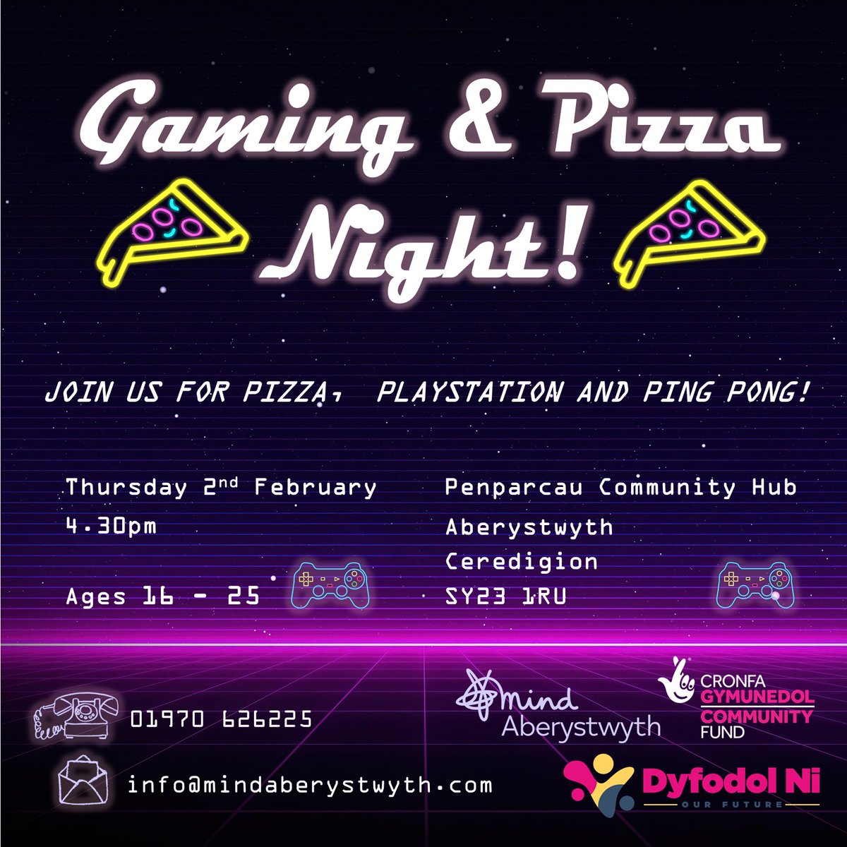 mindaberystwyth's tweet image. We are hosting a Gaming and Pizza night with Dyfodol Ni next week! 👾🏓🎮
Join us on the 2nd of February at 4.30pm for a free night of Pizza, PlayStation and Ping-Pong at Penparcau Hub, all ages between 16-25 are welcome!!