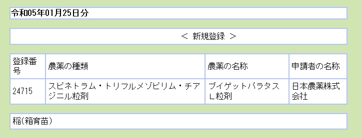 OrganicNewsClip's tweet image. 農水省は1月25日付けでネオニコ系殺虫剤や除草剤など21品目を新規に農薬登録した。このうちネオニコ系は、チアクロプリドの複合剤が1品目とトリフルメゾピリムの複合剤が3品目が含まれている。 #neonics #ネオニコ
acis.famic.go.jp/searchF/index/…