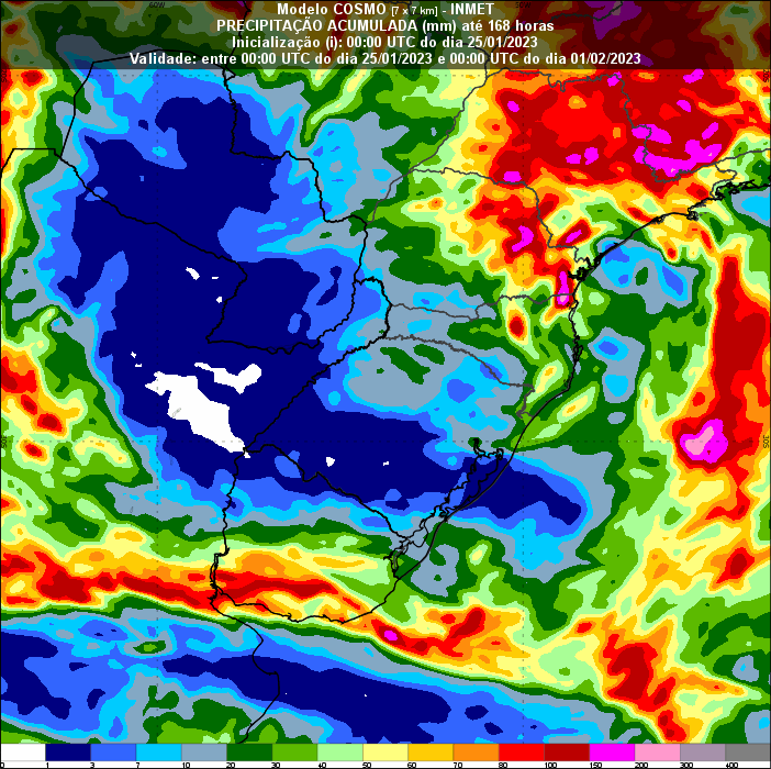 #Lluvias acumuladas hasta fin de enero, según COSMO7 (INMET). Acumulados promedio 50 mm y máximos 100 mm al sur Rio Negro en #Uruguay. La misma situación al sur de Entre Ríos, Santa Fé y norte de Provincia BSAS (50 mm promedio y máximos de 100 mm). Evento jueves 26 a sábado 28 😀
