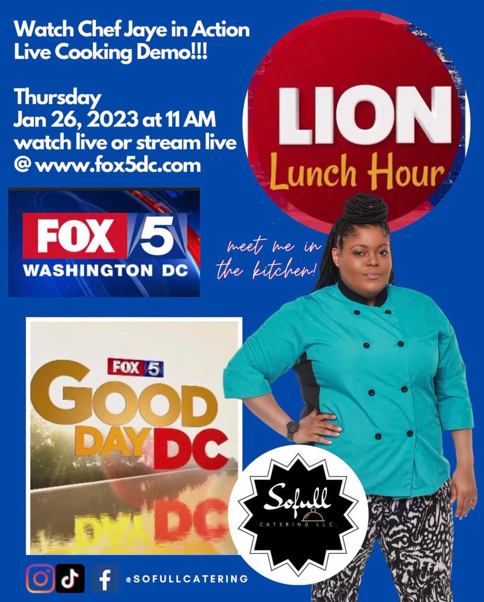 My cousin is going to be on @fox5dc #LionLunchHour tomorrow  I'm so proud of her ❤️
IG @sofullcatering #chefjaye 

@MarissaMFOX5 @ErinFox5DC
 Yall save me some food 😋