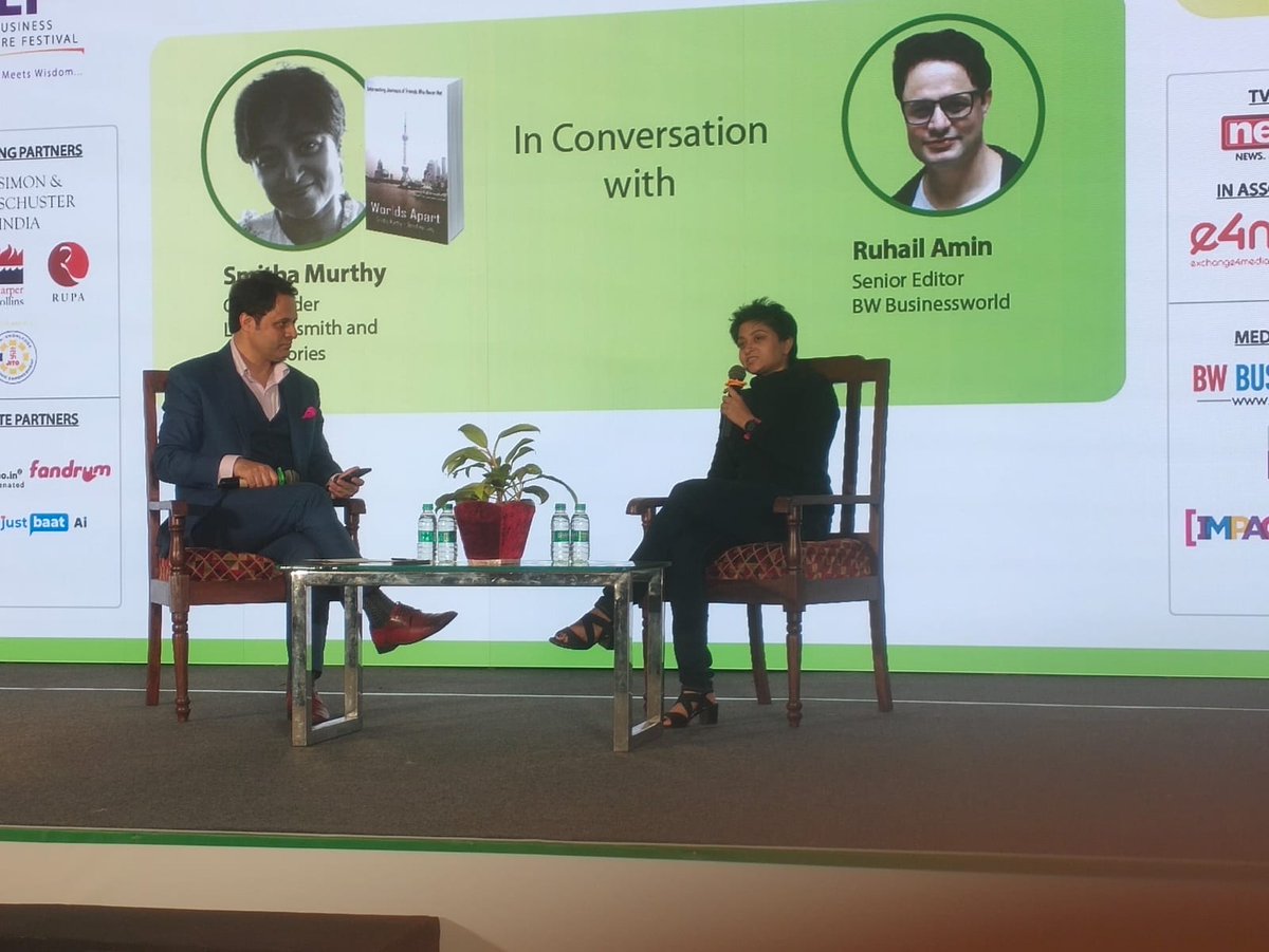 BWBusinessworld's tweet photo. Live: Ms. Smitha Murthy, Co-Founder, @lifewordsmith and @MyndStories, discusses her book 'Worlds Apart: Intersecting Journeys of Friends Who Never Met' with  Mr. @RenAameen, Sr. Editor, BW Businessworld at the Indian Business Literature Festival.
#BengaluruChapter #IBLF https://t.co/2mWS0Mfsaz