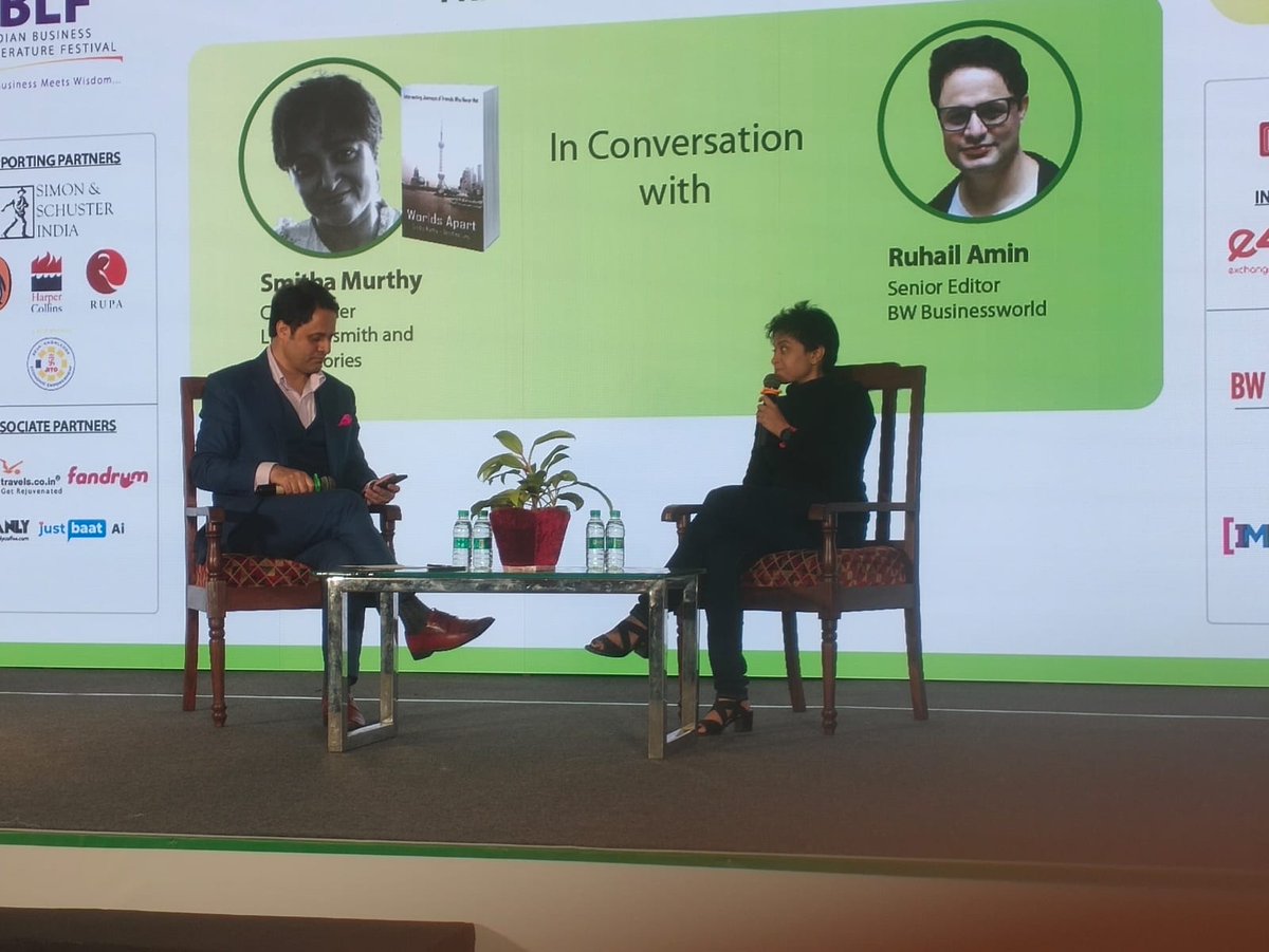 BWBusinessworld's tweet photo. Live: Ms. Smitha Murthy, Co-Founder, @lifewordsmith and @MyndStories, discusses her book 'Worlds Apart: Intersecting Journeys of Friends Who Never Met' with  Mr. @RenAameen, Sr. Editor, BW Businessworld at the Indian Business Literature Festival.
#BengaluruChapter #IBLF https://t.co/2mWS0Mfsaz