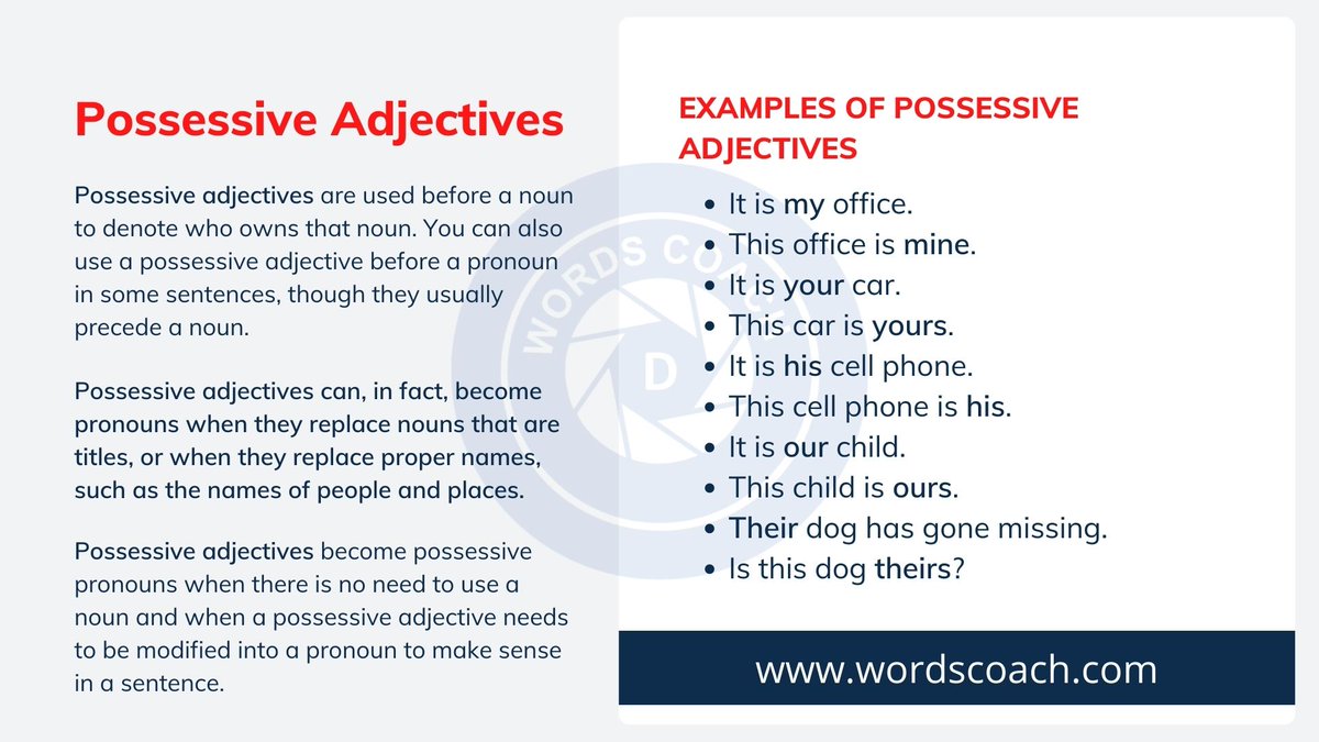 wordscoach's tweet photo. Possessive Adjectives | Definition & Usage | Useful Examples
https://t.co/CfPGo8doCd
App: https://t.co/Q5ZqBGFdtA
#adjectives #english #vocabulary #grammar #learnenglish #englishgrammar #verbs #wordcoach #englishteacher #adverb #englishlearning #wordoftheday #englishtips #esl https://t.co/5E7Nk4FWLK