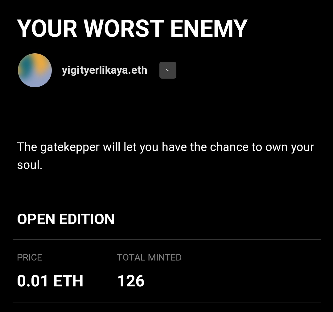 GM 👹

OE is over with 126 total minted! I want to thank you all for supporting me!

All the owners are included to AL. Also there will be riddle to win the last edition on <a href="/SpareSoulsLabs/">Spare Souls</a>.

And I want to support other artists, looking for some multi-edition artworks. Drop pls 👇