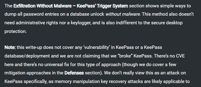 Of course it's disputed... 😅 #keepass <a href="/harmj0y/">Will Schroeder</a> 

Do not forget policies..., enforced ones !
> keepass.info/help/kb/config…

"Disable trigger system" / "Disable trigger system, delete user triggers" + <ExportNoKey>false</ExportNoKey>
