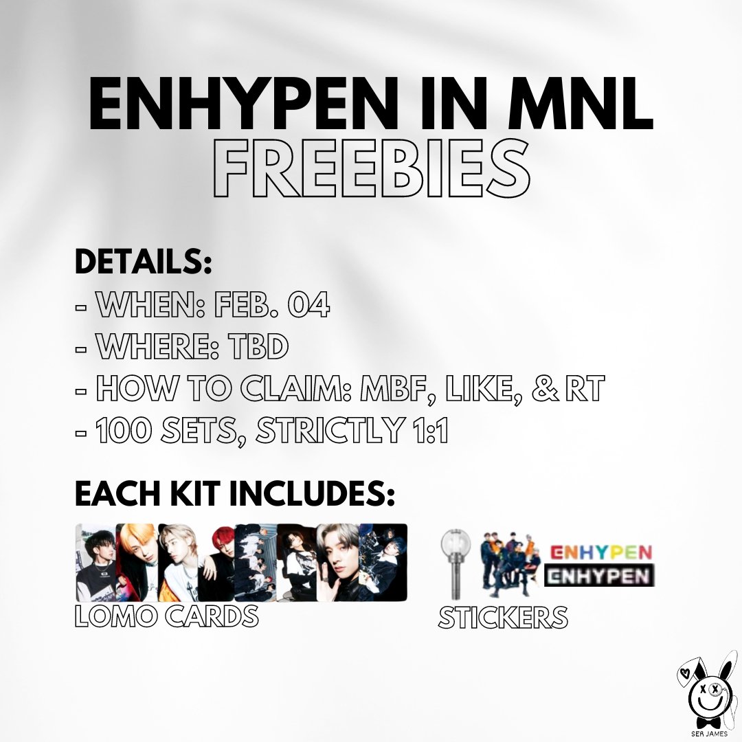 Giving away freebies for #MANIFESTO_IN_MANILA!

- open to team concert &amp; team labas
- mbf
- like &amp; rt
- location posted on the day
- 100 sets, strictly 1:1

See you, ENGENEs! ❤️‍🔥

#ENHYPENinMANILA #Enhypen #Manifesto