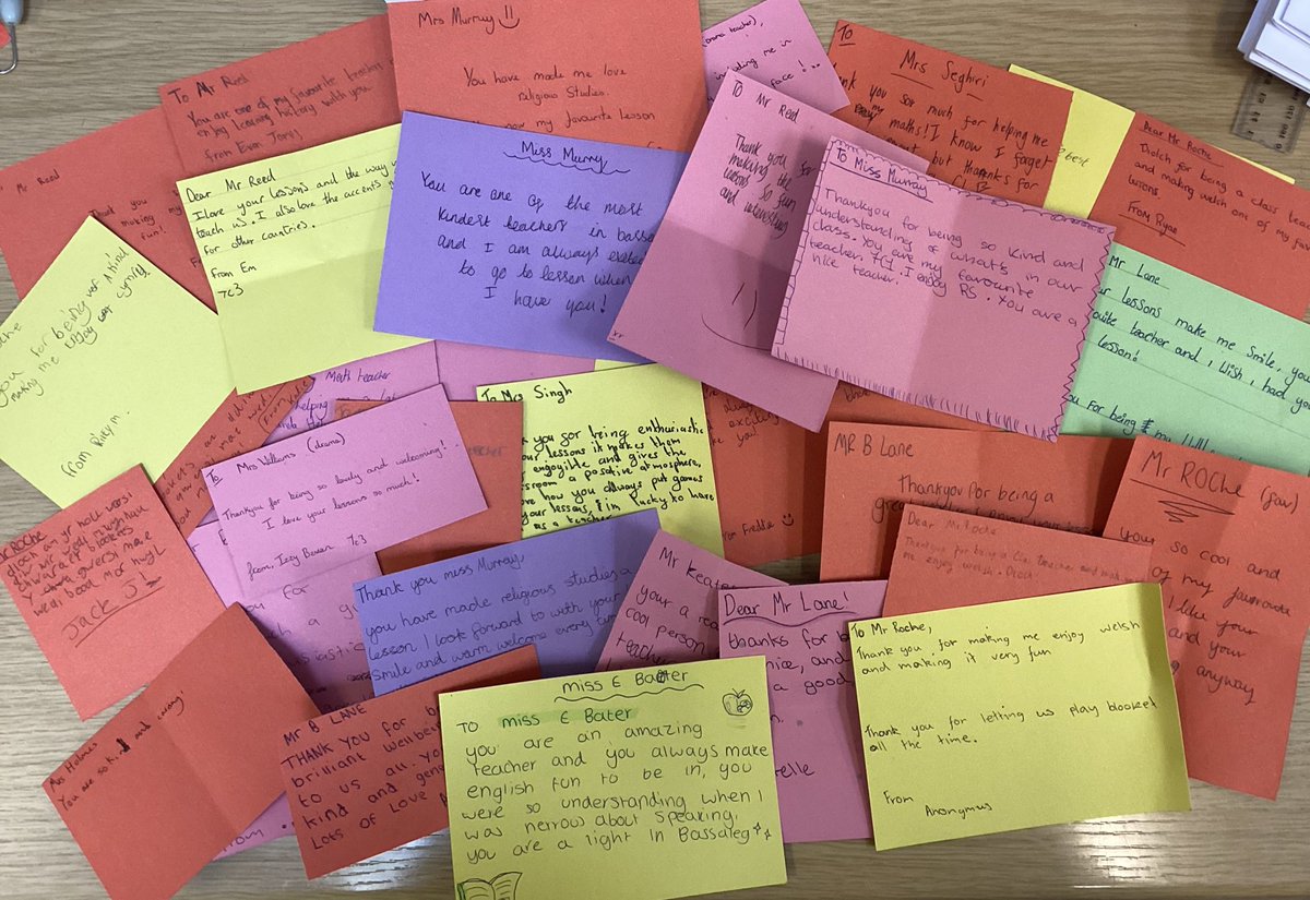 MrBSLane's tweet photo. Y7 have been exploring the 5 ways to #wellbeing in lessons. This week, we have been focusing on GIVE and performing random acts of #kindness to our @BassalegSchool1 community. As one of their tasks, leaners have written some lovely messages for staff. @HeadteacherBas1 💌 https://t.co/OO8RwLkUoS