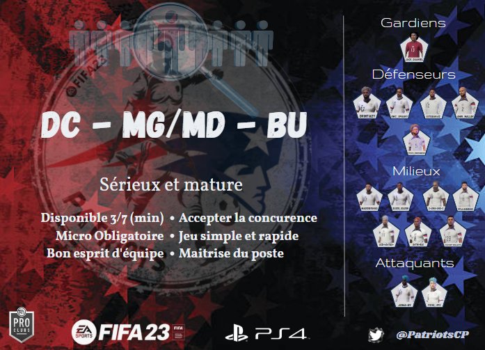 Patriots (@xpatriotscp) on Twitter photo Les Pats cherchent à étoffer leur effectif ✌️
Si vous pensez répondre aux critères, n'hésitez pas à nous contacter pour tenter l'aventure 😉
VPG 🇲🇫🇧🇪🇨🇭 EFA 🇲🇫 et IFC
<a href="/RTduCP/">RT du Club Pro</a> <a href="/CLUB_PRO_FRANCE/">CLUB PRO FRANCE</a> <a href="/ClubPro_FR/">EAFC | Clubs | France</a> <a href="/JDCPfifa/">Le journal du club pro</a> <a href="/RTduCP/">RT du Club Pro</a> Les Pats cherchent à étoffer leur effectif ✌️
Si vous pensez répondre aux critères, n'hésitez pas à nous contacter pour tenter l'aventure 😉
VPG 🇲🇫🇧🇪🇨🇭 EFA 🇲🇫 et IFC
<a href="/RTduCP/">RT du Club Pro</a> <a href="/CLUB_PRO_FRANCE/">CLUB PRO FRANCE</a> <a href="/ClubPro_FR/">EAFC | Clubs | France</a> <a href="/JDCPfifa/">Le journal du club pro</a> <a href="/RTduCP/">RT du Club Pro</a>