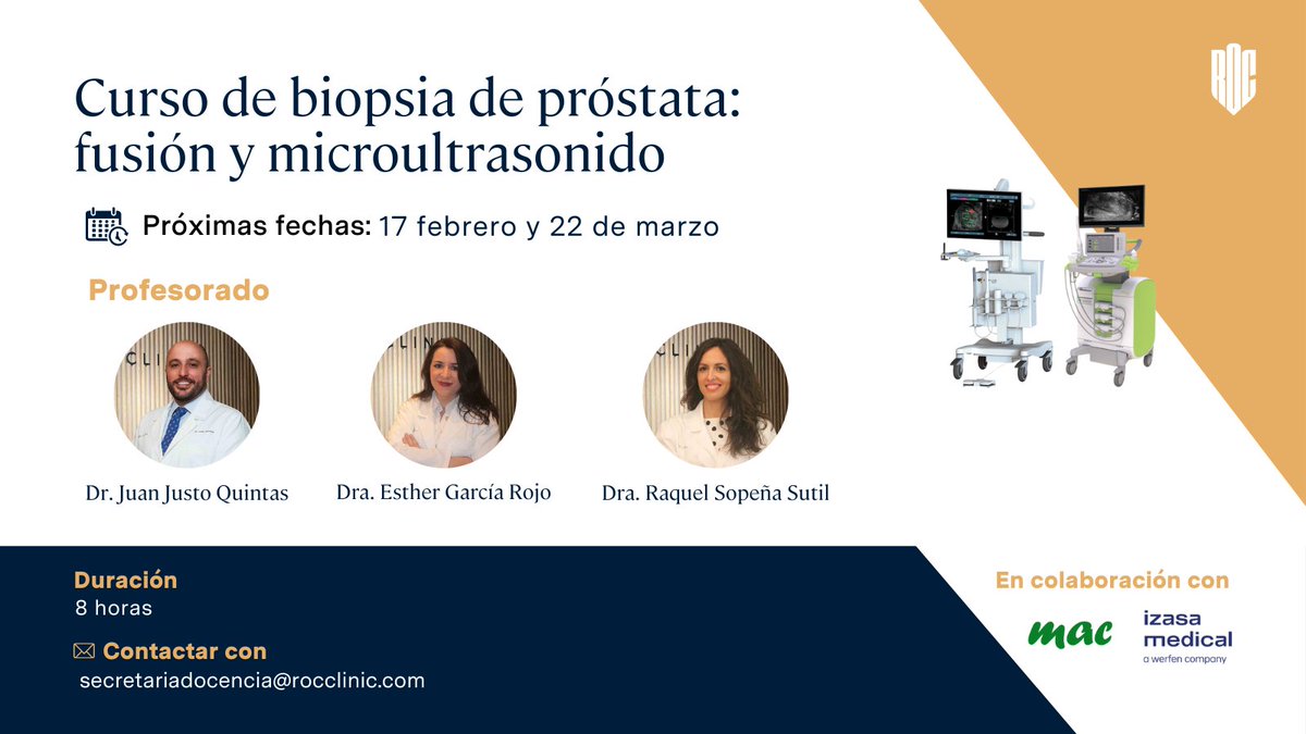 Nuevo curso de biopsia de próstata para urólogos que deseen profundizar en técnicas de biopsia fusión y microultrasonidos, así como la aplicación práctica de @Koelis Trinity (@IzasaMedical) y ExactVu (@MacMedicina)
📍@HMHospitales Sanchinarro
📨secretariadocencia@rocclinic.com