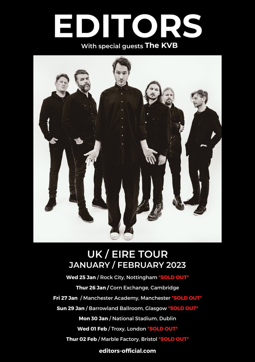 Tour starts tonight <a href="/Rock_City_Notts/">ROCK CITY</a> ->

<a href="/TheKVB/">The KVB</a> - 7pm

EDITORS - 8pm

**SOLD OUT**