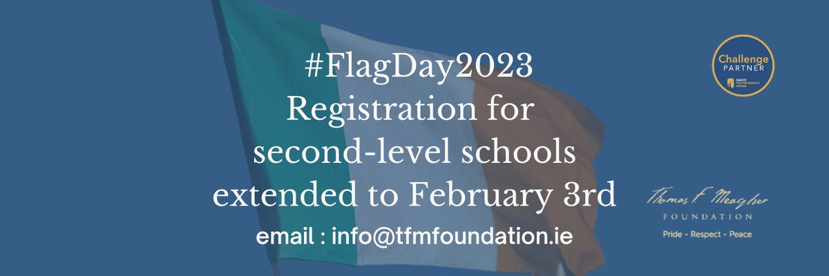 📢News! Further to demand we have re-opened #FlagDay2023 registration to February 3rd! ▶️Irish Flag ▶️Flag Day Materials & Ideas March 16th ▶️Lesson Plans by @HTAIteachers ▶️Awards & Scholarship coming soon! ▶️175th Anniversary Event #175Flag Register by✉️info@tfmfoundation.ie