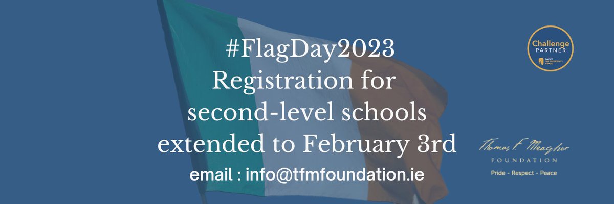 📢News! Further to demand we have re-opened #FlagDay2023 registration to February 3rd! 
▶️Irish Flag  
▶️Flag Day Materials &amp; Ideas March 16th
▶️Lesson Plans by <a href="/HTAIteachers/">HTAI</a>
▶️Awards &amp; Scholarship coming soon!
▶️175th Anniversary Event #175Flag
Register by✉️info@tfmfoundation.ie