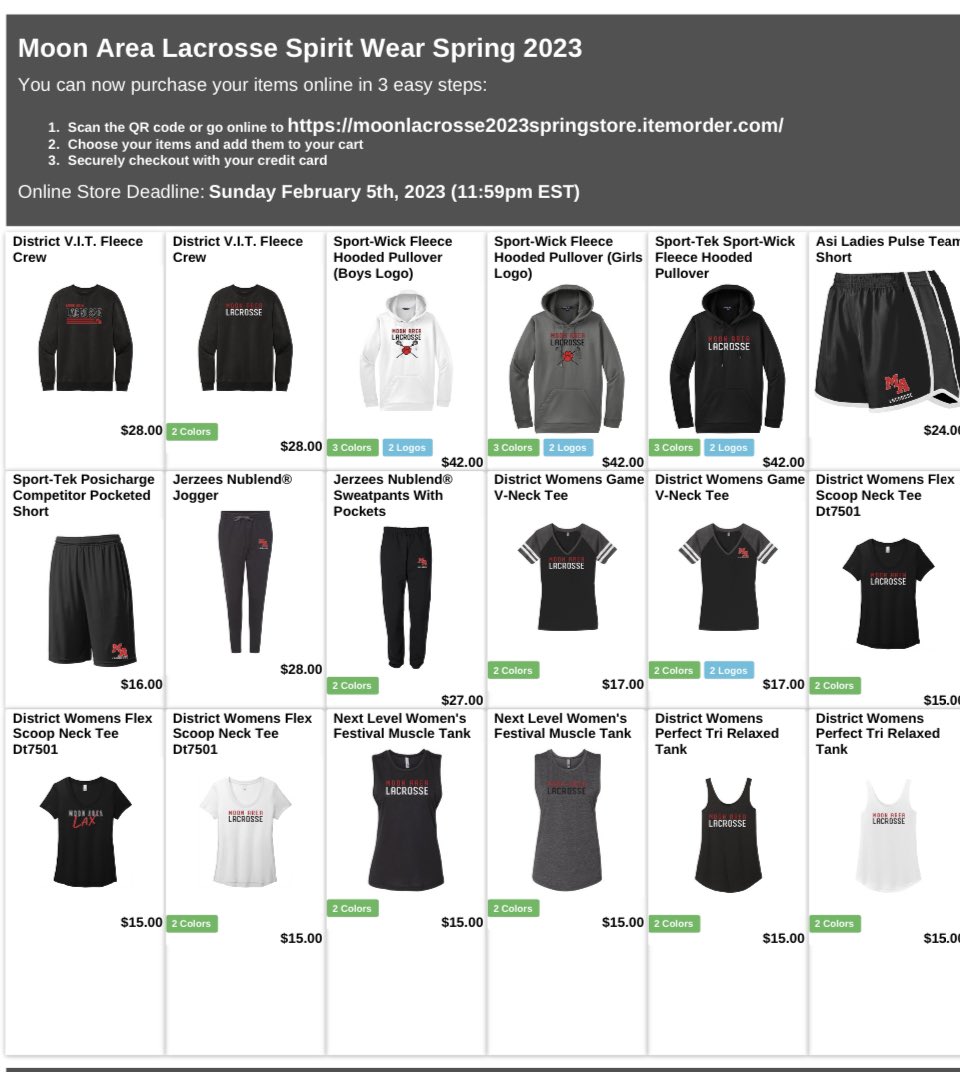 We are happy to announce that our Spring Clothing/Accessory Store is now open!

If you are interested in purchasing, please go to:

https:// moonlacrosse2023springstore. itemorder.com

The store will remain open until 11:59pm on Sunday February 5th.