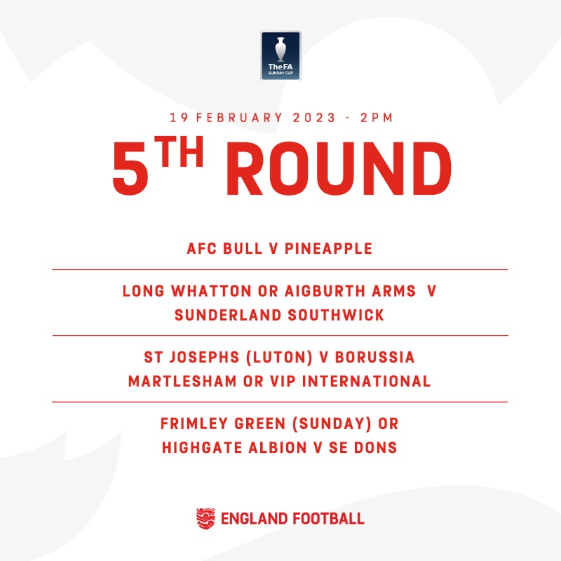 EnglandFootball's tweet photo. Introducing your #FASundayCup 5th Round draw 🤩

📆 19th February 
⏰ 2pm 

Who will you be cheering on? 🙌

#TakeYourChance