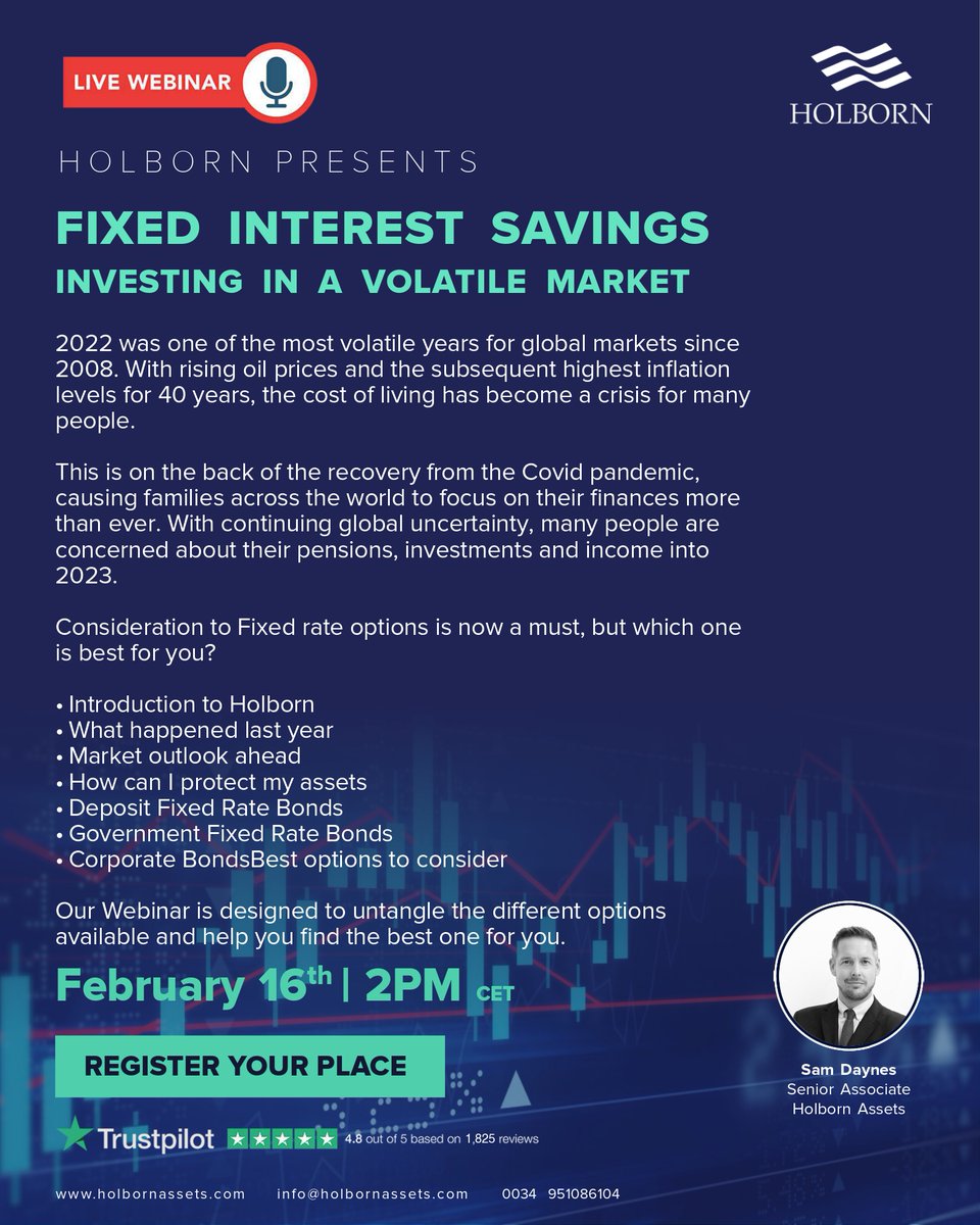 Worried about your investments in a volatile market?

Fixed interest rates remain an excellent option for stability and diversity in any investment portfolio. 
Sign up now to learn how to protect your investments with a fixed interest rate! 
holbornassets.zoom.us/webinar/regist…