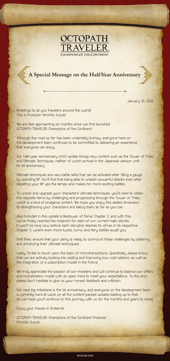✉Producer Letter✉
Thanks to all of your support, we're celebrating the half-year anniversary of OCTOPATH TRAVELER: Champions of the Continent! In honor of the event, we have a special message from Hirohito Suzuki, producer of #OCTOPATHCotC.
