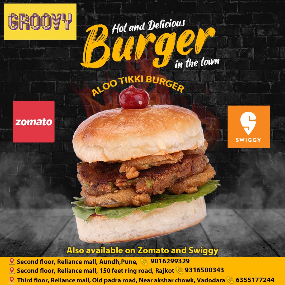Exquisite taste and unique flavors

#groovy #groovycafe #burger #Burgers #AlooTikkiBurger #alootikki #fastfood #FastFoodResturant #swiggy #zomato #onlinefood #vegetables #resturant #burgerking #burgersandfries #onlinefoodordering #burgertime #burgeroftheday #Gujarat #maharashtra