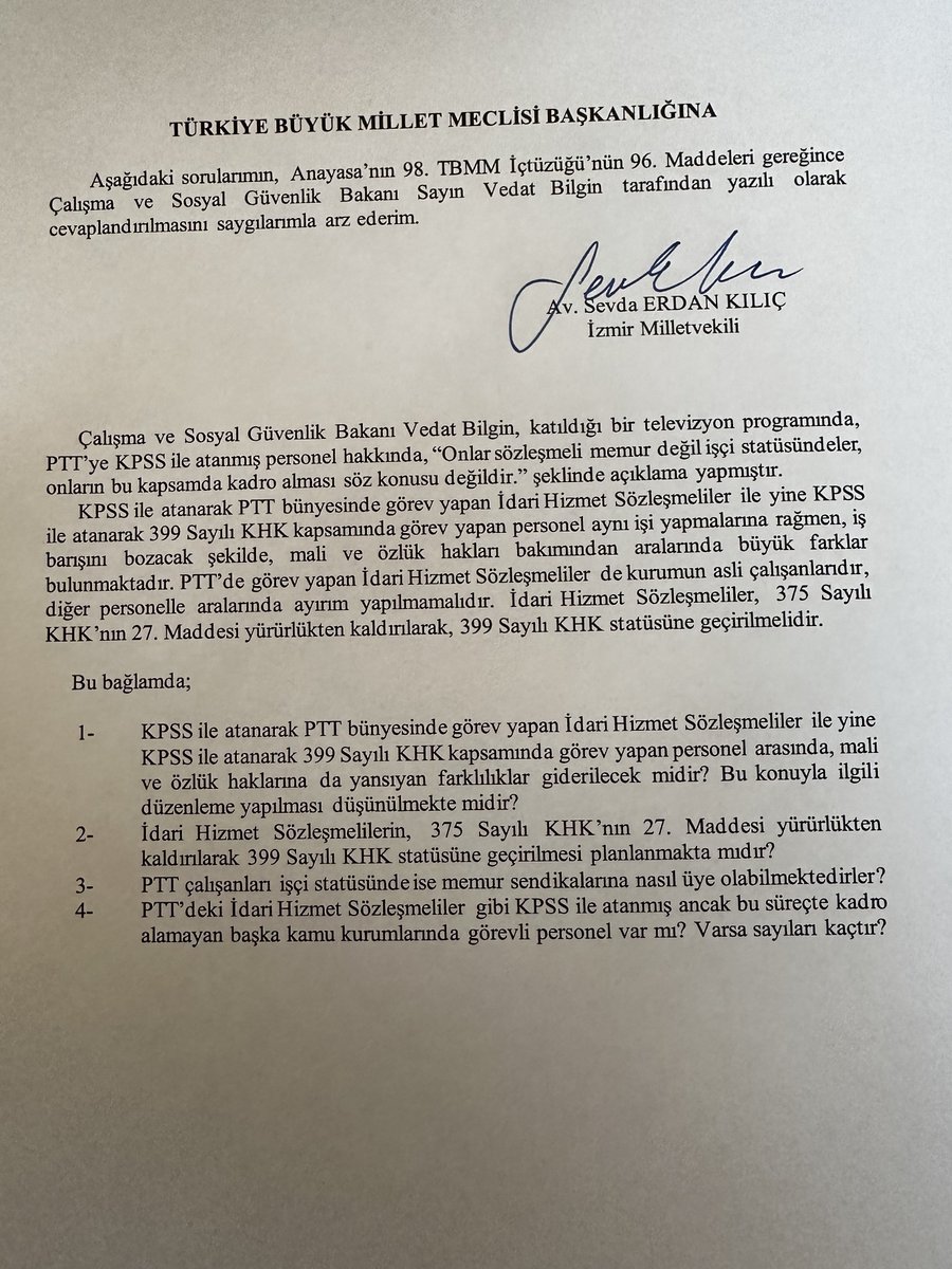 Bakan Vedat Bilgin’e dün katıldığı bir programda PTT’deki İdari Hizmet Sözleşmeliler hakkında yapmış olduğu TALİHSİZ açıklamaları sordum.

Ve ekliyorum; İHS’liler devletin üvey evladı değil. KPSS ile atandılar ve kadro haklarıdır!

Bu böyle bilinsin.