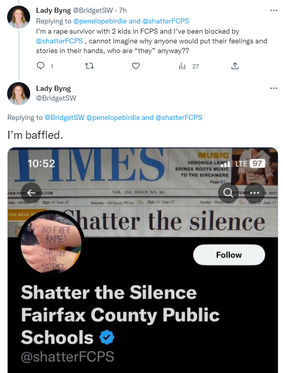 v_theclash's tweet photo. How do I know this? Personal stories and research. 
First, @BridgetSW was blocked after sharing her personal survivor story.  She is who #ShatterFCPS should be reaching out to, but they fast-blocked her. https://t.co/5fHsY2f2Da