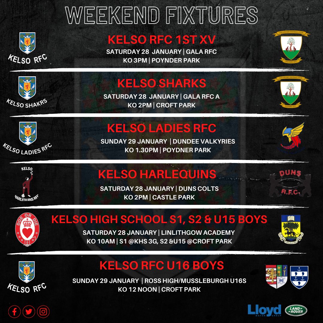 KelsoRugby's tweet image. Details of this weekends fixtures below. Also details of Kelso RFC 1st XV rescheduled games. ⬇️

@Kelso_Quins @KelsoHS @KLRFC15 

⚫️⚪️

@LandRoverKelso 

#OneClub #OneCommunity